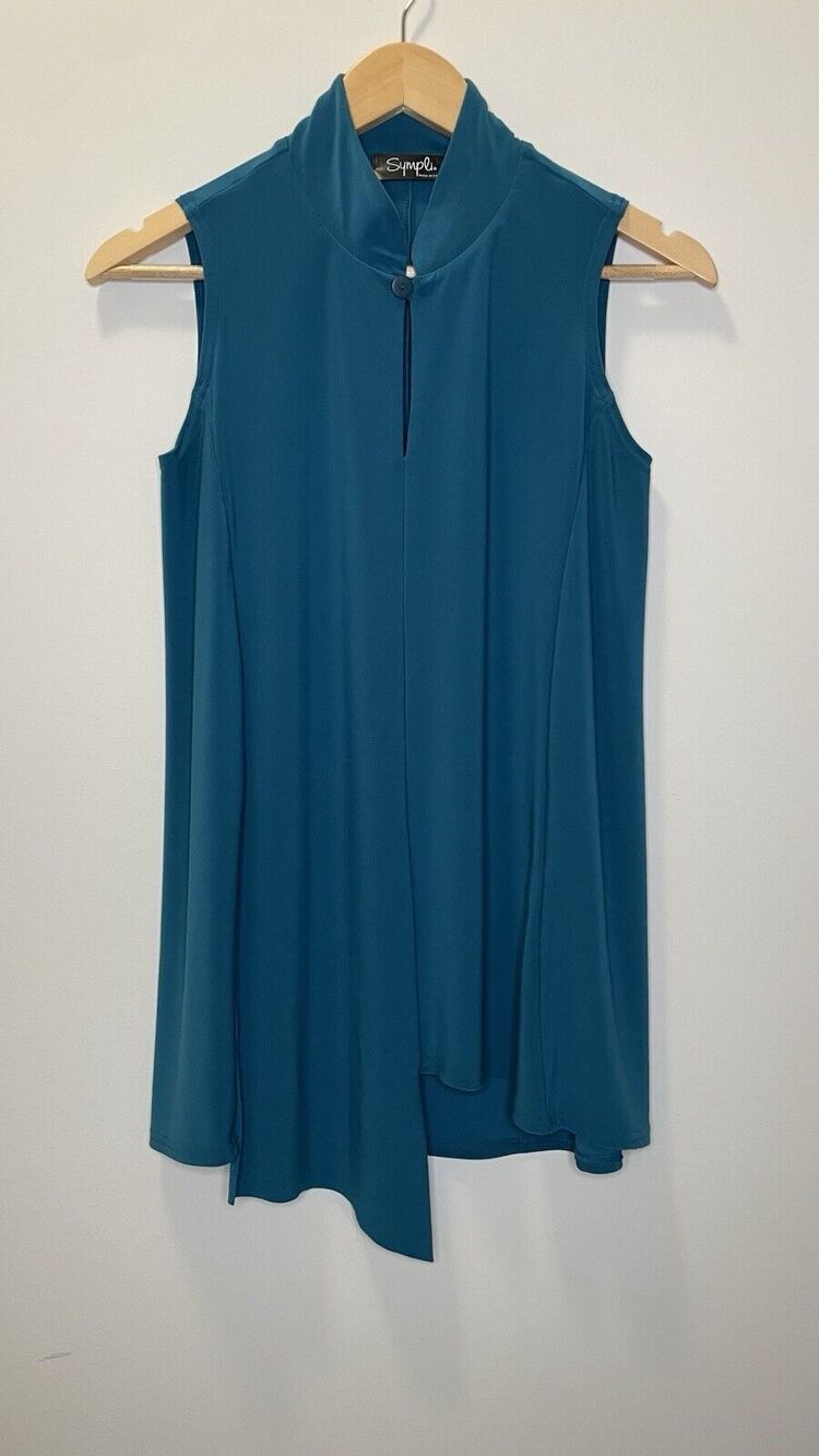Sympli Lagenlook Sleeveless Mandarin Asymmetric Top Key Hole Knit Blue Women 6